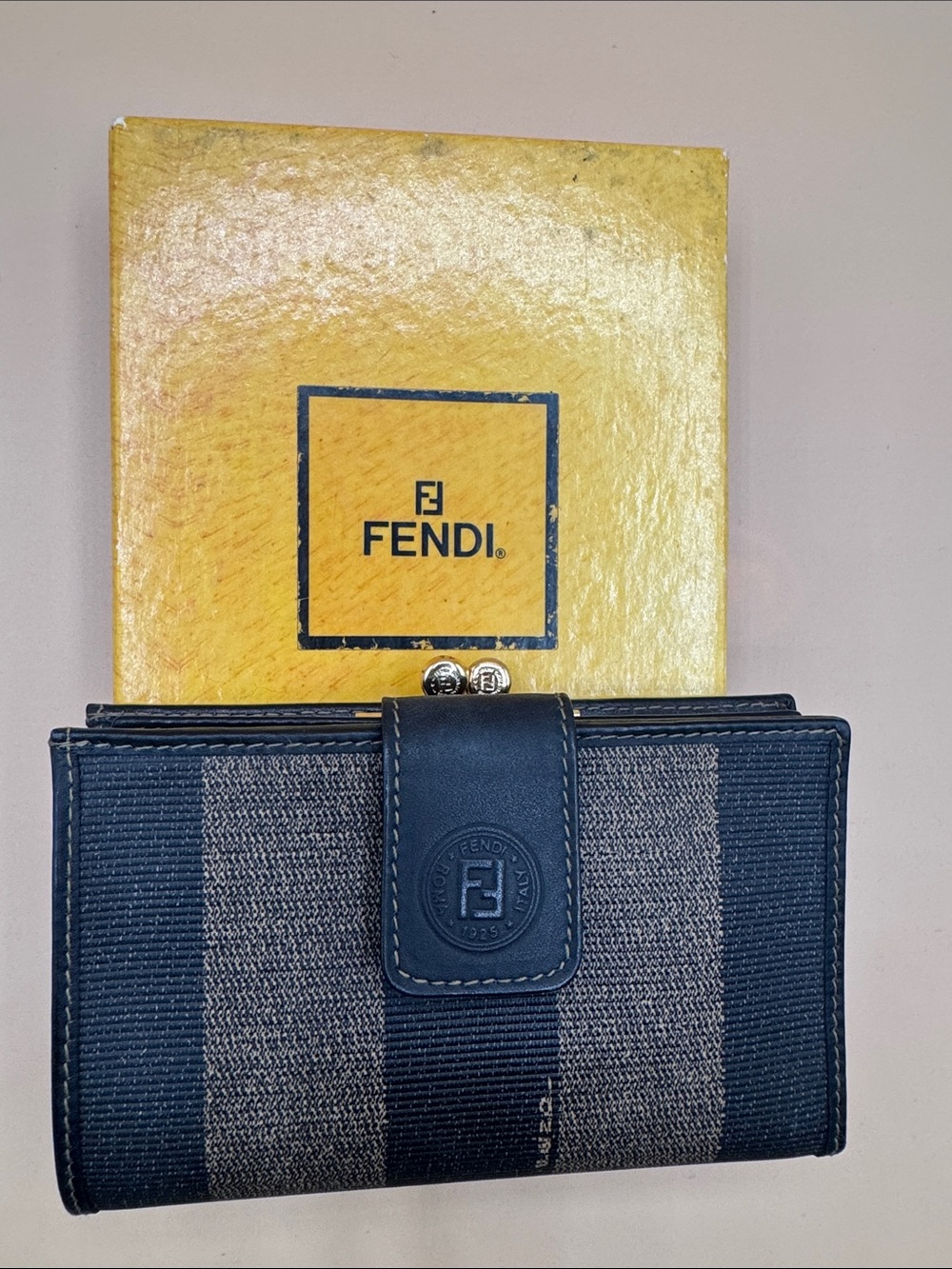 Fendi Black and Gray Striped Compact Wallet